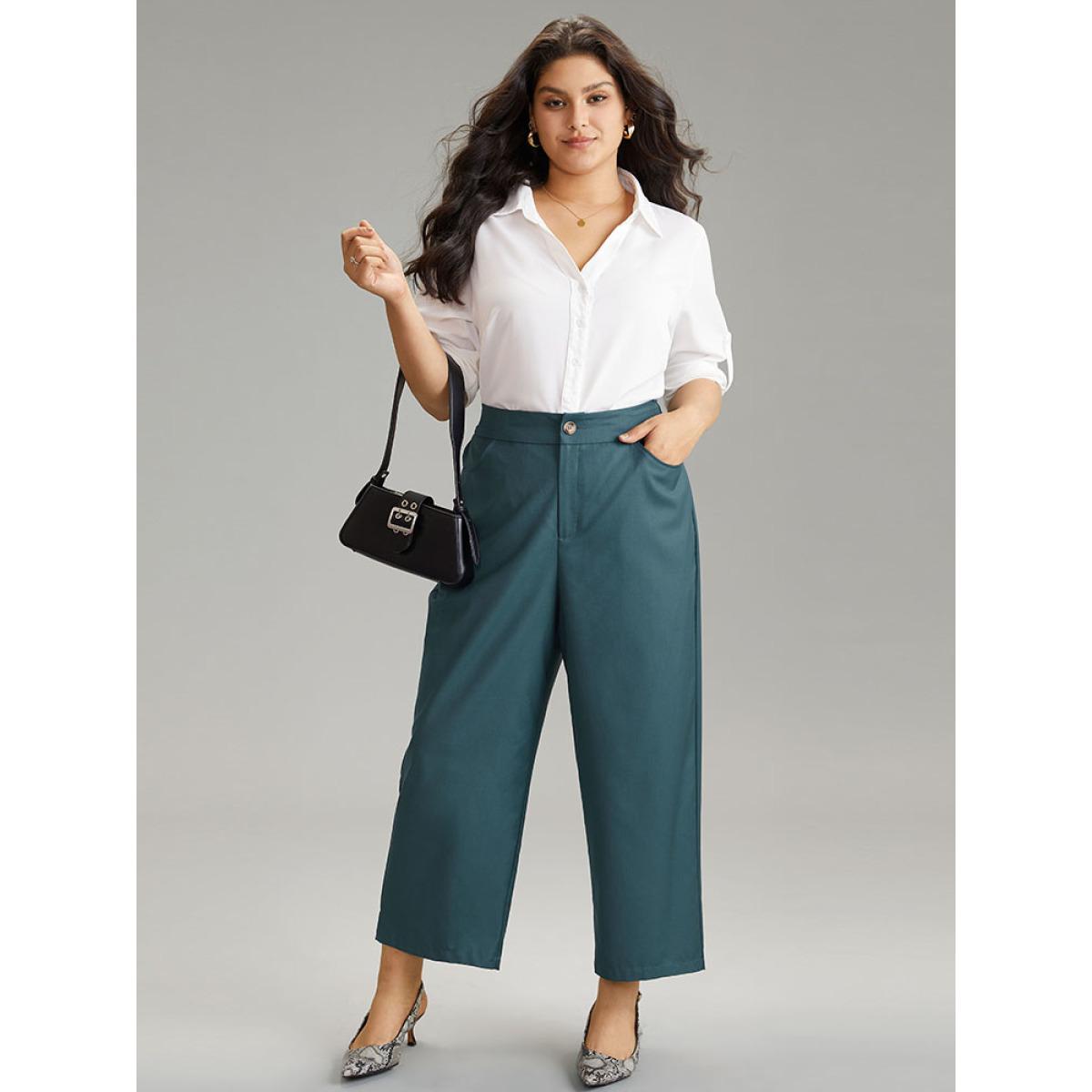 Plus Size Elastic Waist Solid Pocket Straight Leg Pants Women Cyan Office Straight Leg High Rise Dailywear Pants BloomChic 14-16/1X Product Image