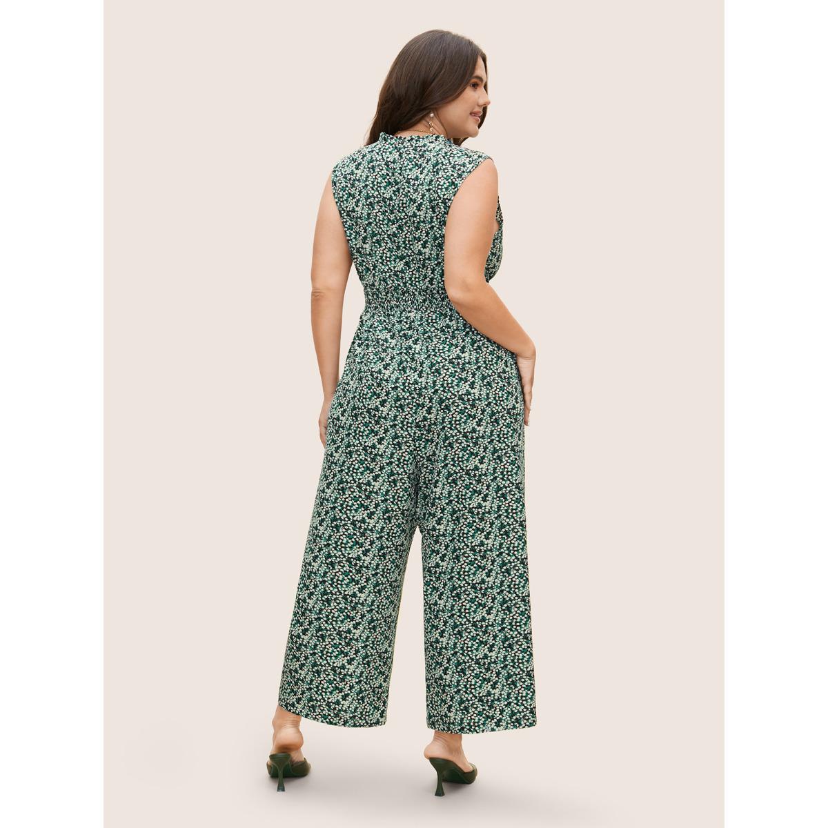 Plus Size Black Ditsy Floral Mock Neck Shirred Jumpsuit Women Timeless Sleeveless Mock Neck Elegant Loose Jumpsuits BloomChic 26/4X Product Image