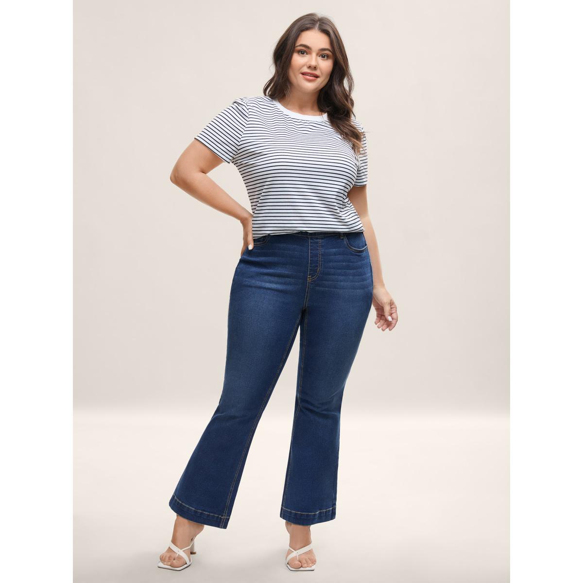 Plus Size Stretchy Waist Whiskered Bootcut Jeans Women Denimindigo Elegant Medium stretch Slanted pocket Jeans BloomChic 30/6X Product Image