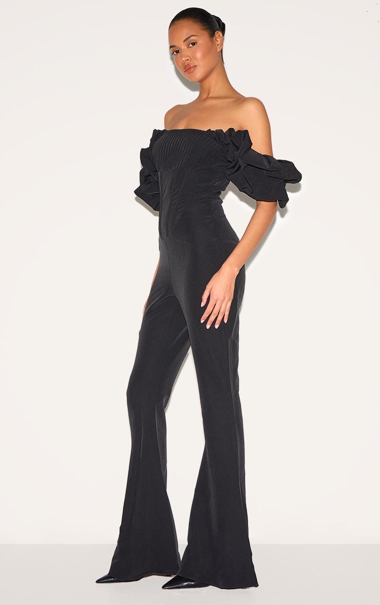 Black Woven Pleated Corset Detail Bardot Frill Jumpsuit. Product Image