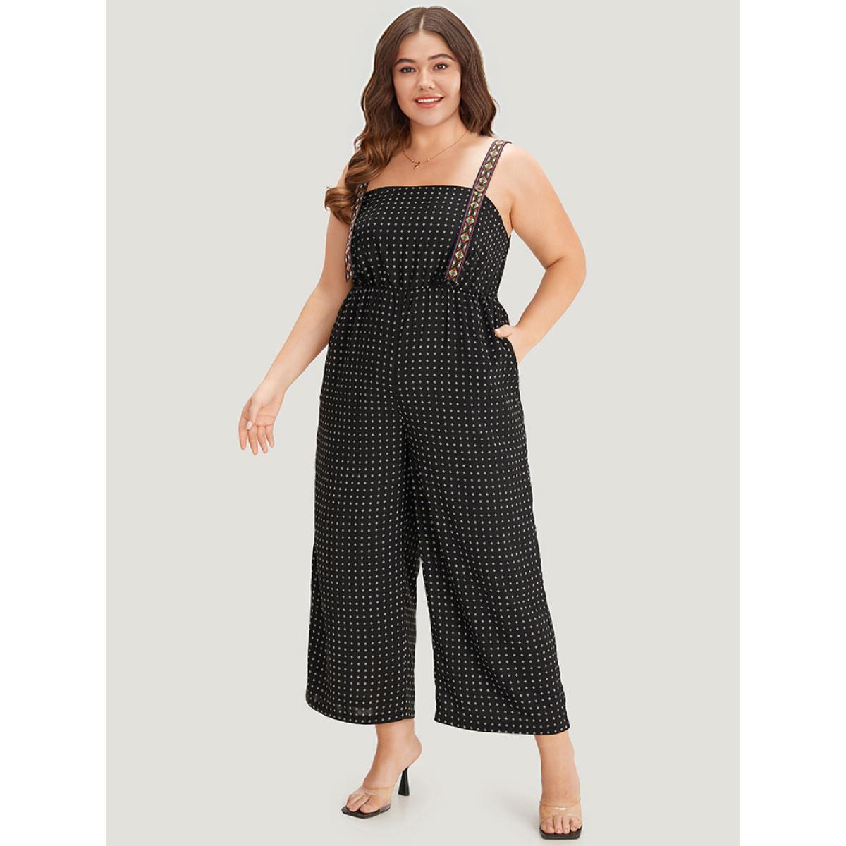Plus Size Black Geometric Print Pocket Button Elastic Waist Cami Jumpsuit Women Casual Sleeveless Spaghetti Strap Dailywear Loose Jumpsuits BloomChic 14-16/1X Product Image