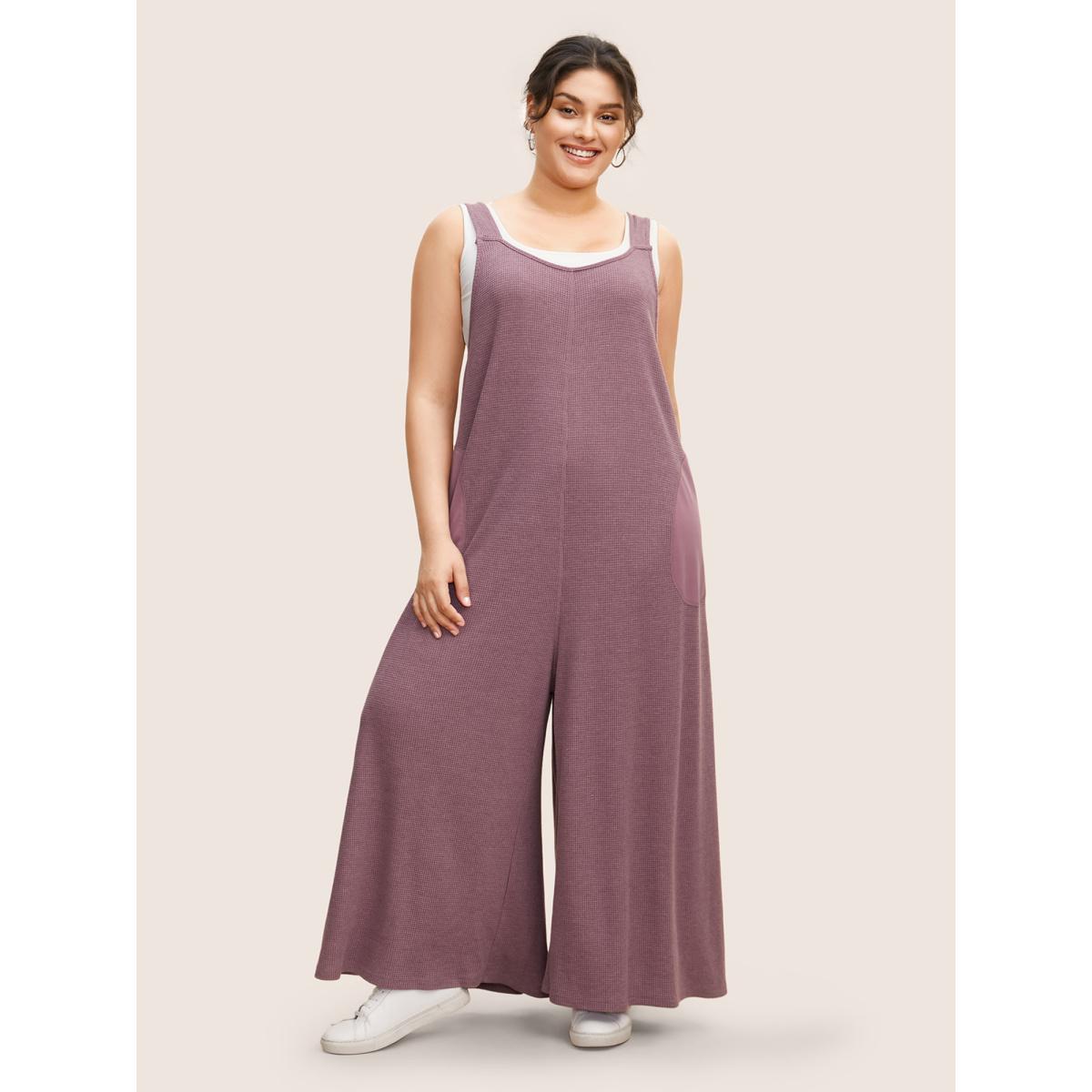 Plus Size Mauve Waffle Knit Tie Knot Wide Leg Jumpsuit Women Casual Sleeveless Heart neckline Everyday Loose Jumpsuits BloomChic 28/5X Product Image