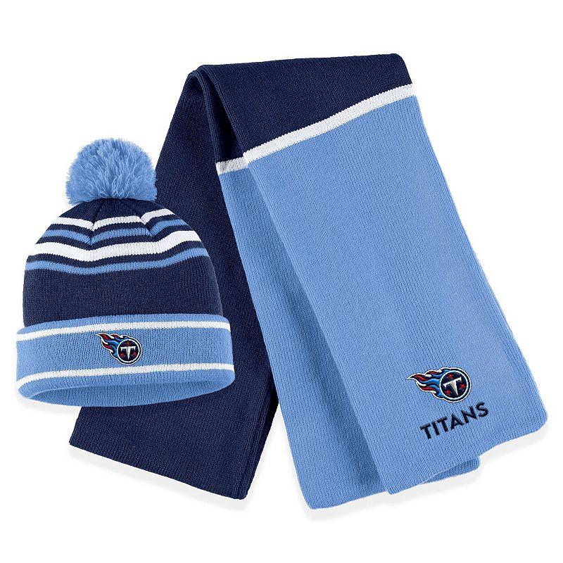 Women's WEAR by Erin Andrews Powder Blue Los Angeles Chargers Colorblock Cuffed Knit Hat with Pom and Scarf Set, Light Product Image
