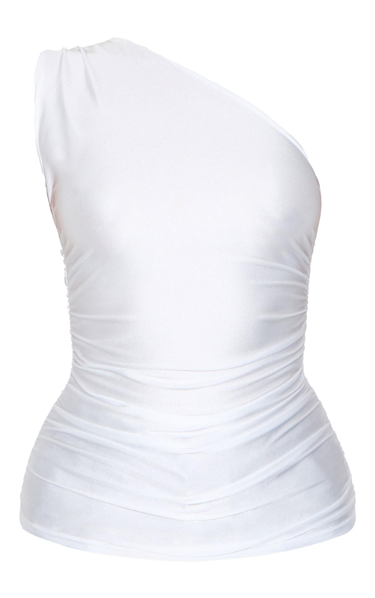 White Stretch Slinky Ruched Side Long Top Product Image