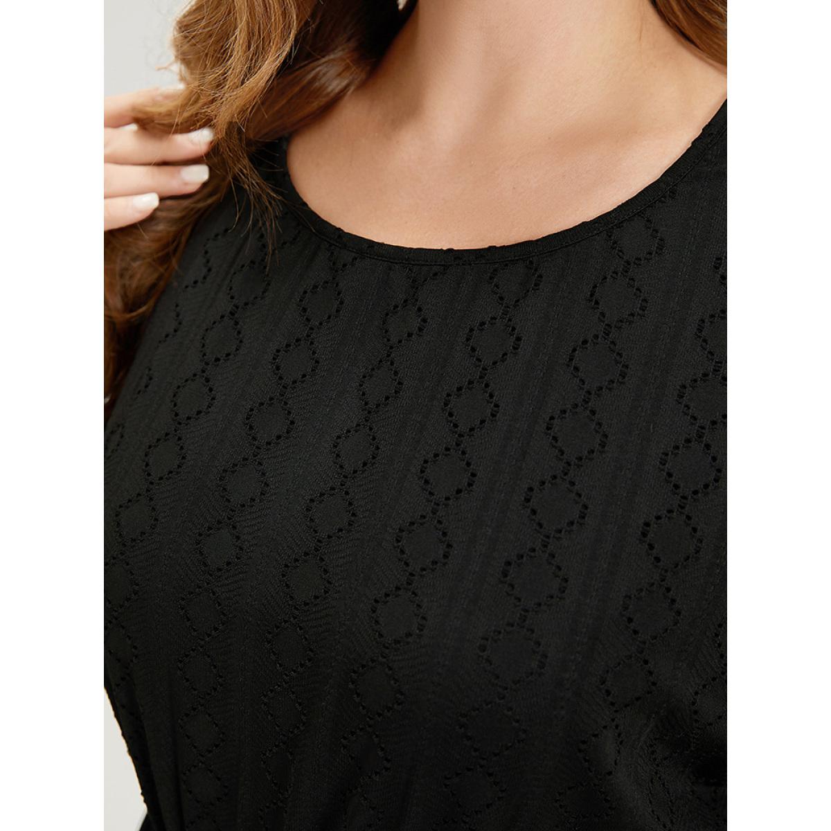Plus Size Plain Geo Eyelet Batwing Sleeve Elastic Waist Dress Black Women Casual Texture Round Neck Short sleeve Curvy Midi Dress BloomChic 28/5X Product Image