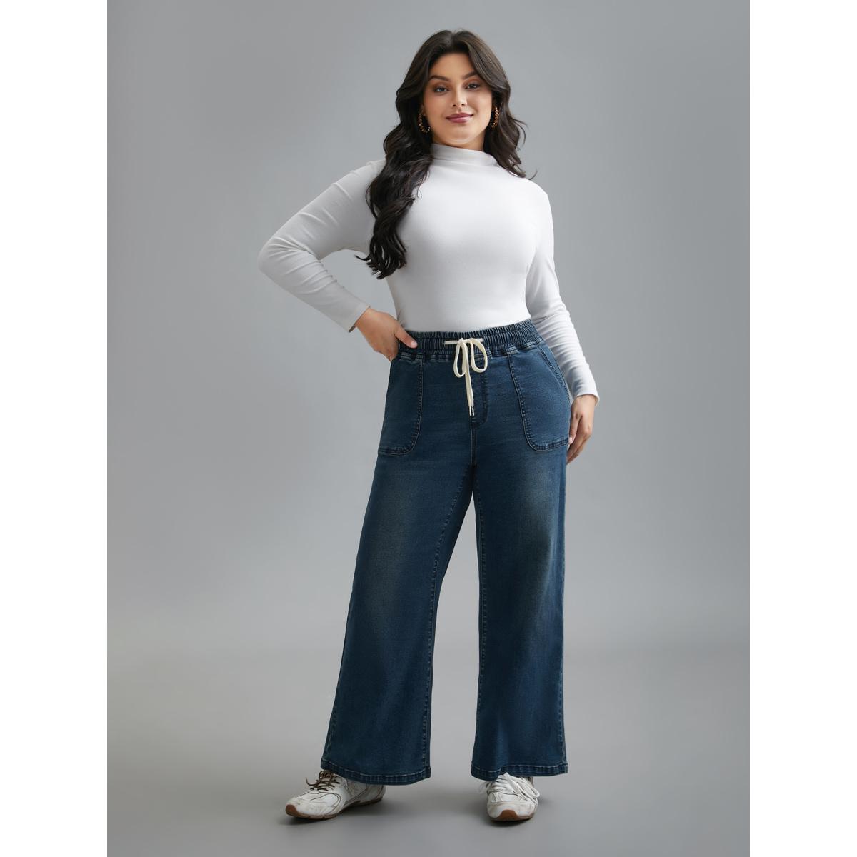 Plus Size Drawstring Stretchy Waist Pocket Jeans Women Denimindigo Casual Drawstring Medium stretch Slanted pocket Jeans BloomChic 18/2X Product Image