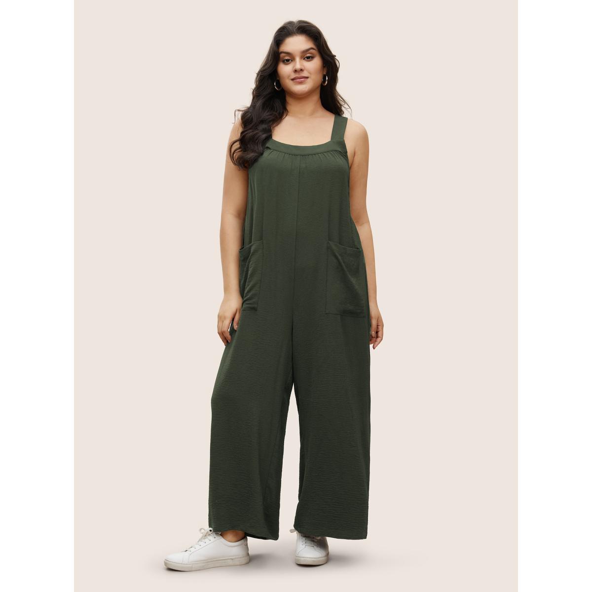 Plus Size ArmyGreen Plain Pleated Wide Leg Jumpsuit Women Casual Sleeveless Square Neck Everyday Loose Jumpsuits BloomChic 30/6X Product Image