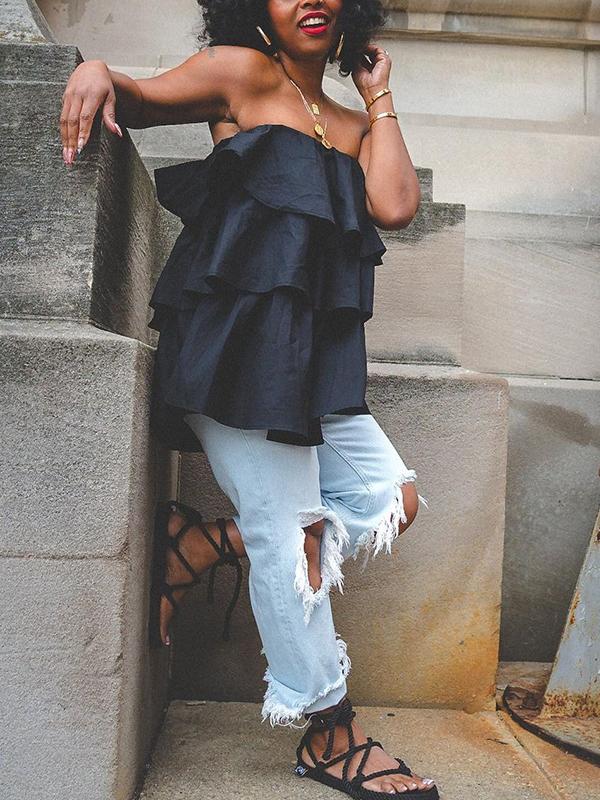 A-Line Loose Elasticity Layered Ruffled Solid Color Tube Vest Top Product Image