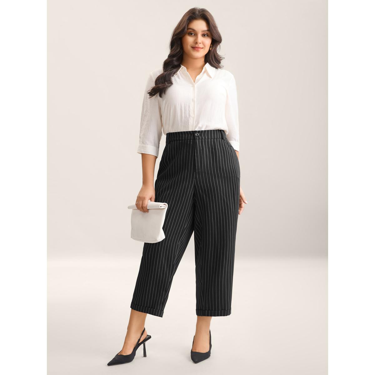 Plus Size Stripes Print Pockets Straight-Fit Pants Women Black Office Straight Leg Mid Rise Office Pants BloomChic 30/6X Product Image