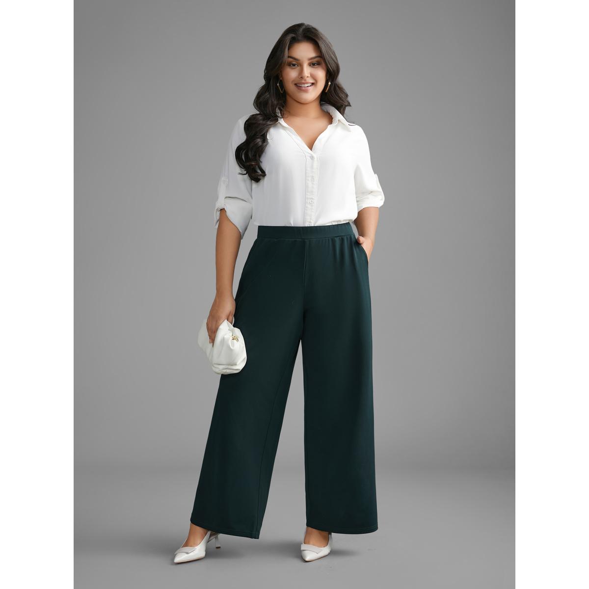 Plus Size Solid Elastic Waist Wide Leg Pants Women DarkGreen Workwear Essentials Wide Leg Mid Rise Work Pants BloomChic 30/6X Product Image