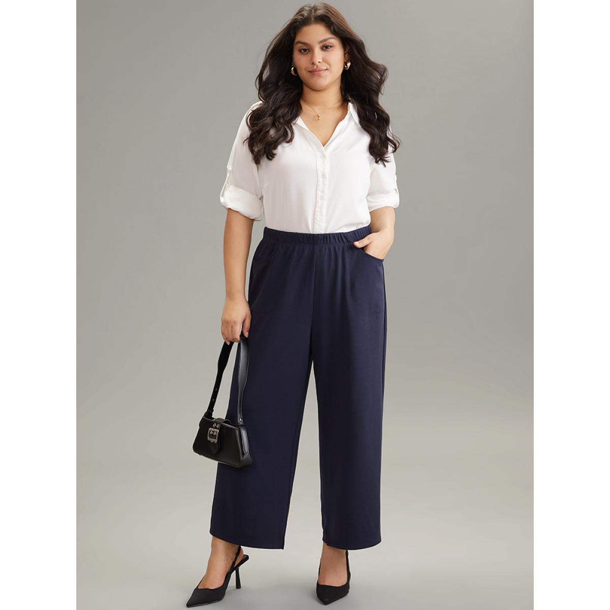 Plus Size Solid Wide Leg Elastic Waist Split Hem Pants Women Indigo Elegant Wide Leg High Rise Dailywear Pants BloomChic 26/4X Product Image