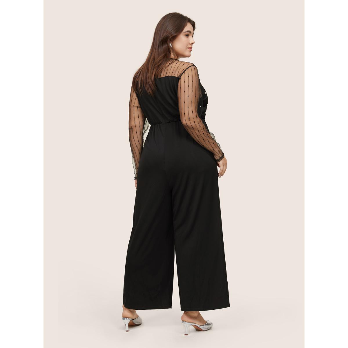 Plus Size Black Pearl Beaded Mesh Patchwork Zipper Jumpsuit Women Party Long Sleeve Round Neck Going out Loose Jumpsuits BloomChic 10/M Product Image