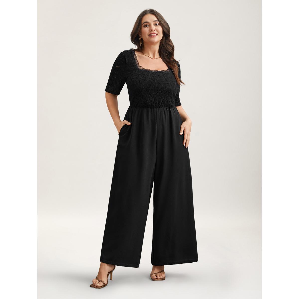 Plus Size Black Textured Lace Spliced Square Neck Jumpsuit Women Elegant Short sleeve Square Neck Everyday-Elegant Loose Jumpsuits BloomChic 22-24/3X Product Image