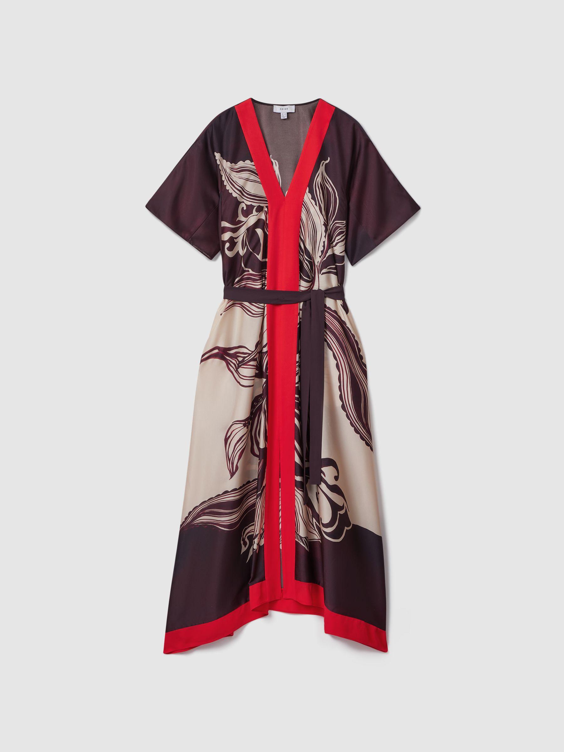 Printed Front Split Midi Dress in Ivory/Burgundy Product Image
