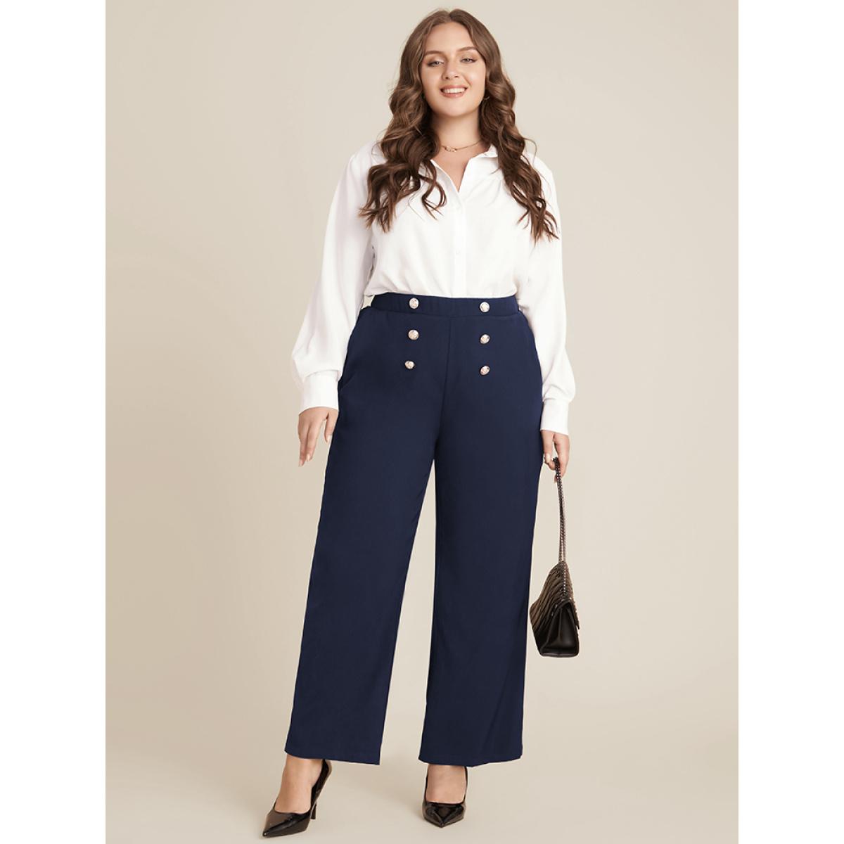 Plus Size Solid Elastic Waist Pocket Button Detail Pants Women Midnight Office Mid Rise Work Pants BloomChic 12/L Product Image