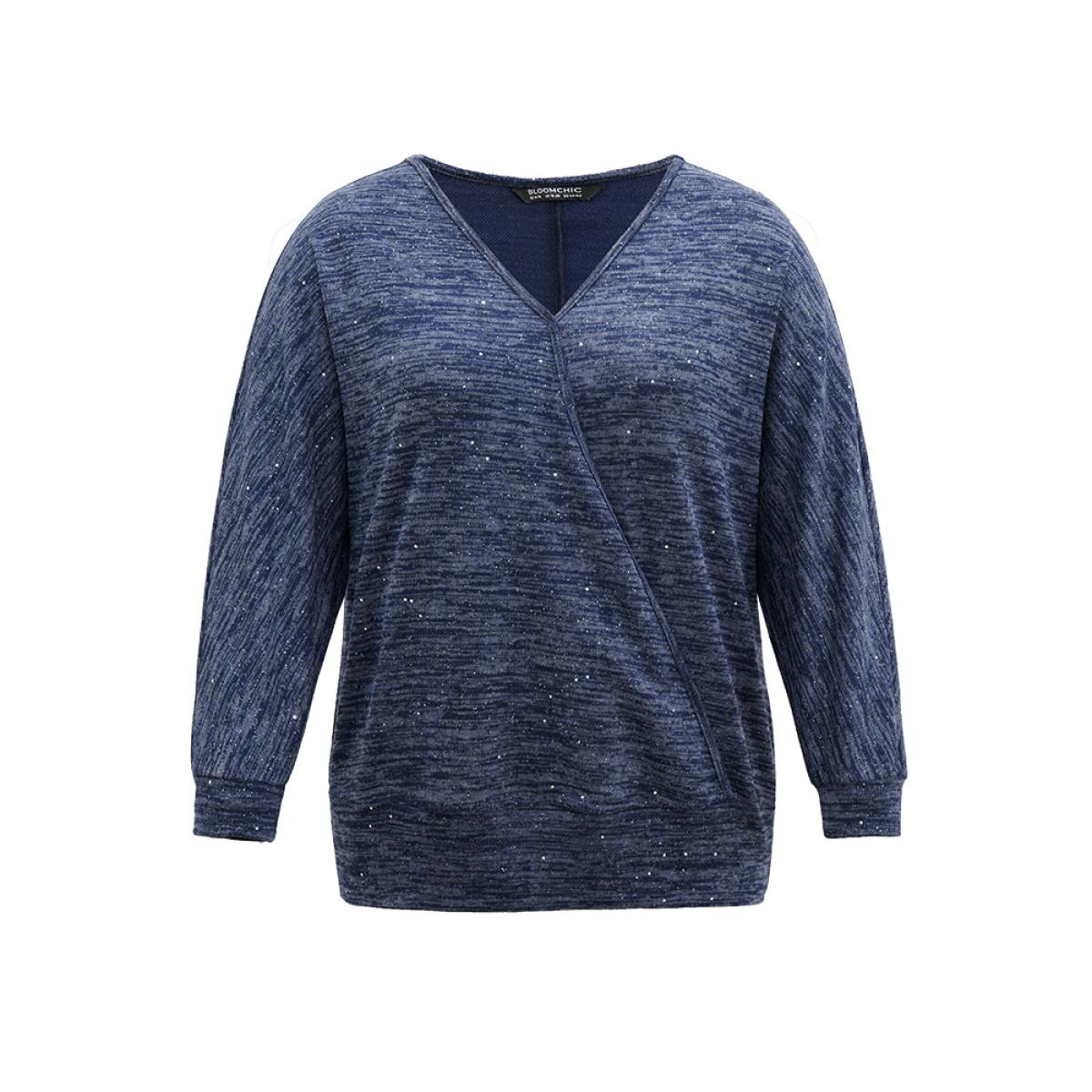 Plus Size Solid Heather V Neck Sequin T-shirt Blue Women Casual Texture Plain V-neck Everyday T-shirts BloomChic 10/M Product Image