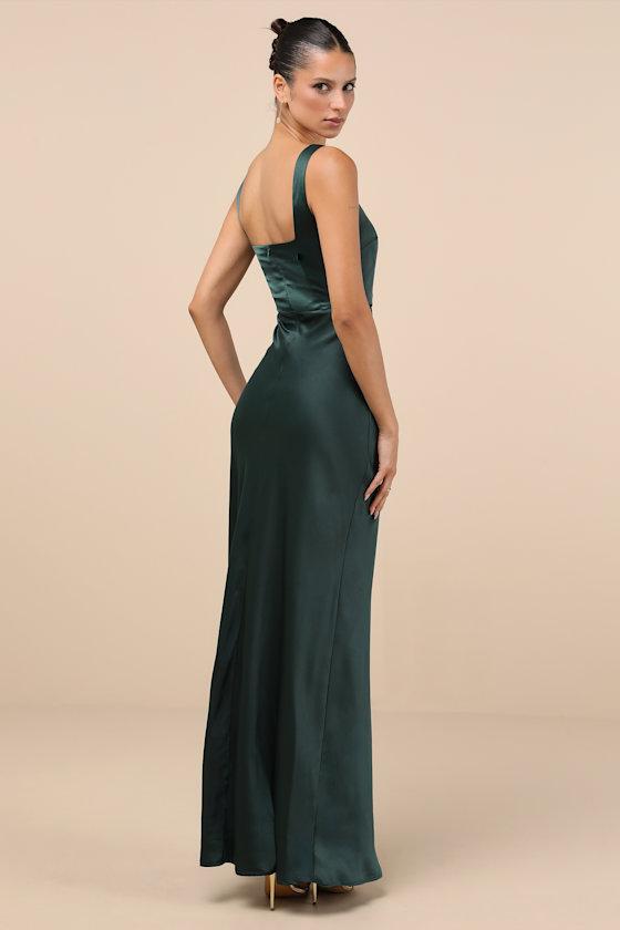 Red Carpet Romance Emerald Green Satin Square Neck Maxi Dress Product Image