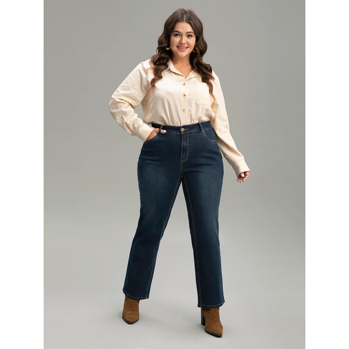 Plus Size Zipper Fly Straight Leg High Rise Jeans Women Indigo Casual Plain Plain High stretch Pocket Jeans BloomChic 20/2X Product Image