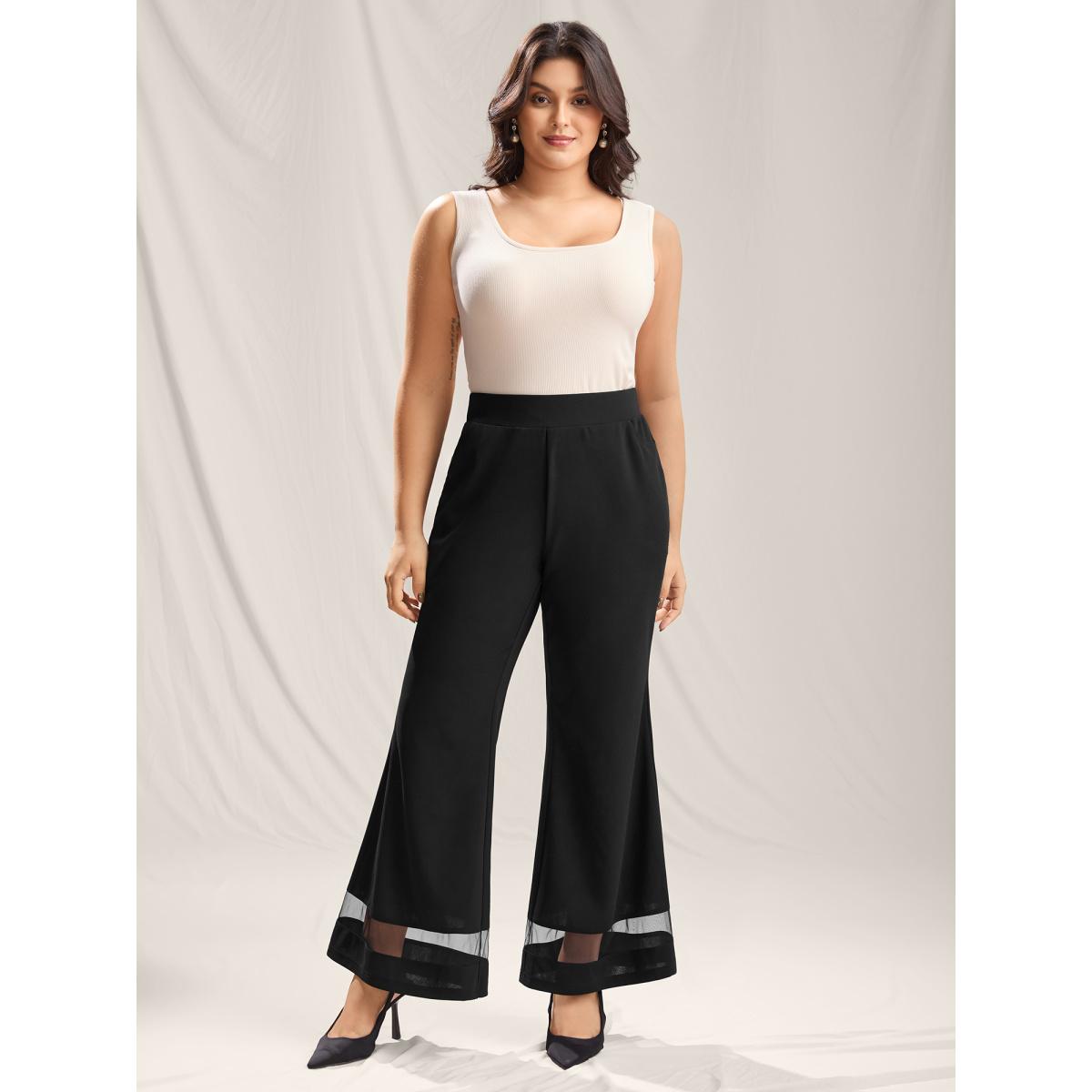 Plus Size Mesh Spliced Bell-Bottom Pants Women Black Formal Bootcut Mid Rise Party Pants BloomChic 12/L Product Image