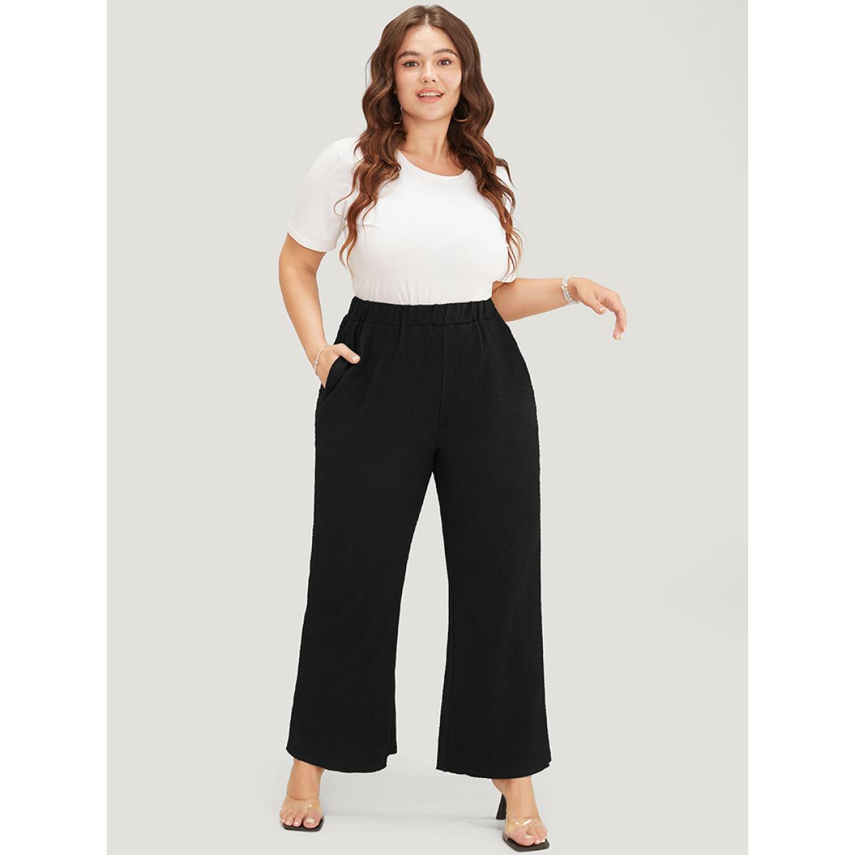 Plus Size Solid Textured Elastic Waist Pocket Bootcut Pants Women Black Casual Mid Rise Dailywear Pants BloomChic 26/4X Product Image