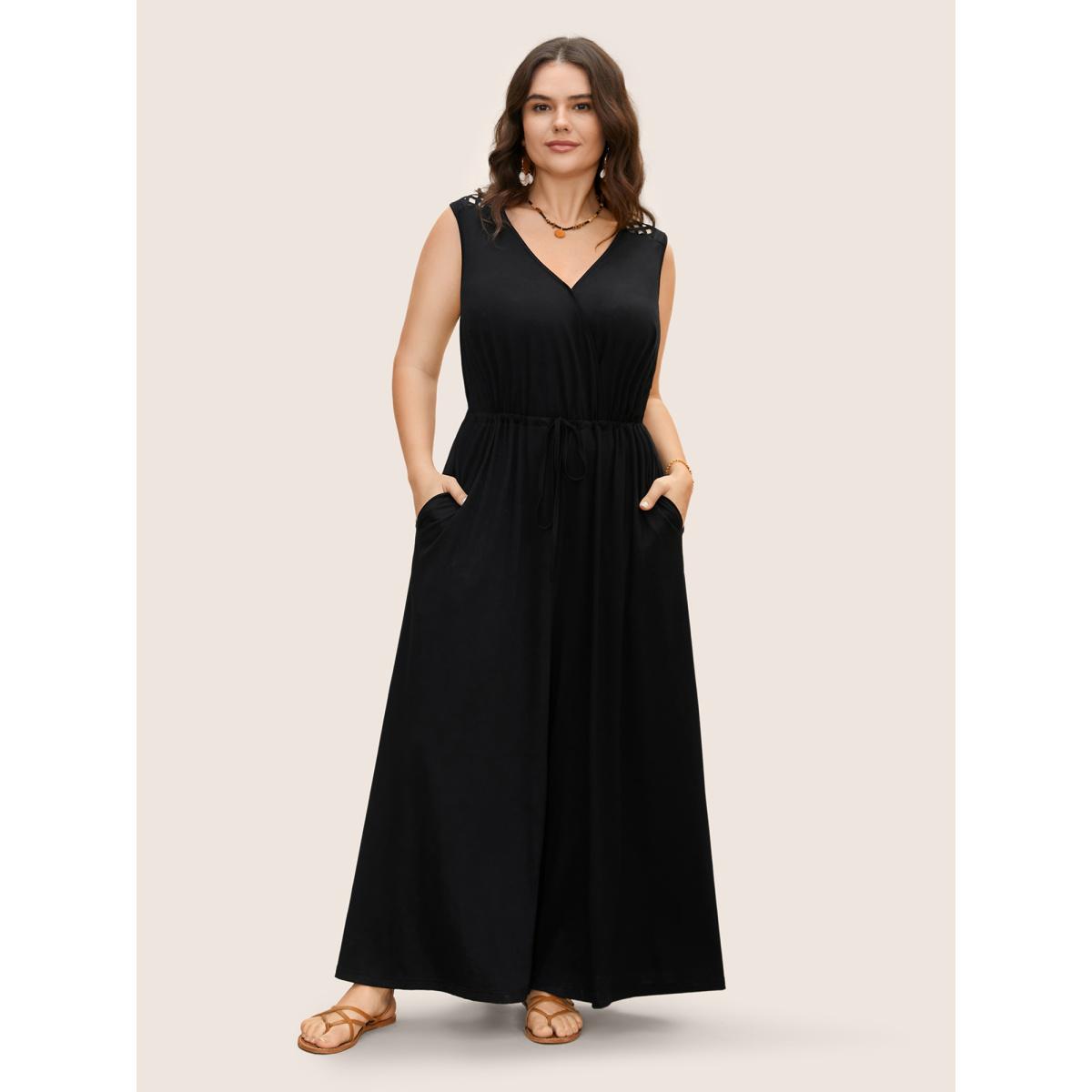 Plus Size Black V Neck Crocheted Cut Out Jumpsuit Women Boho Sleeveless V-neck Vacation Loose Jumpsuits BloomChic 14-16/1X Product Image