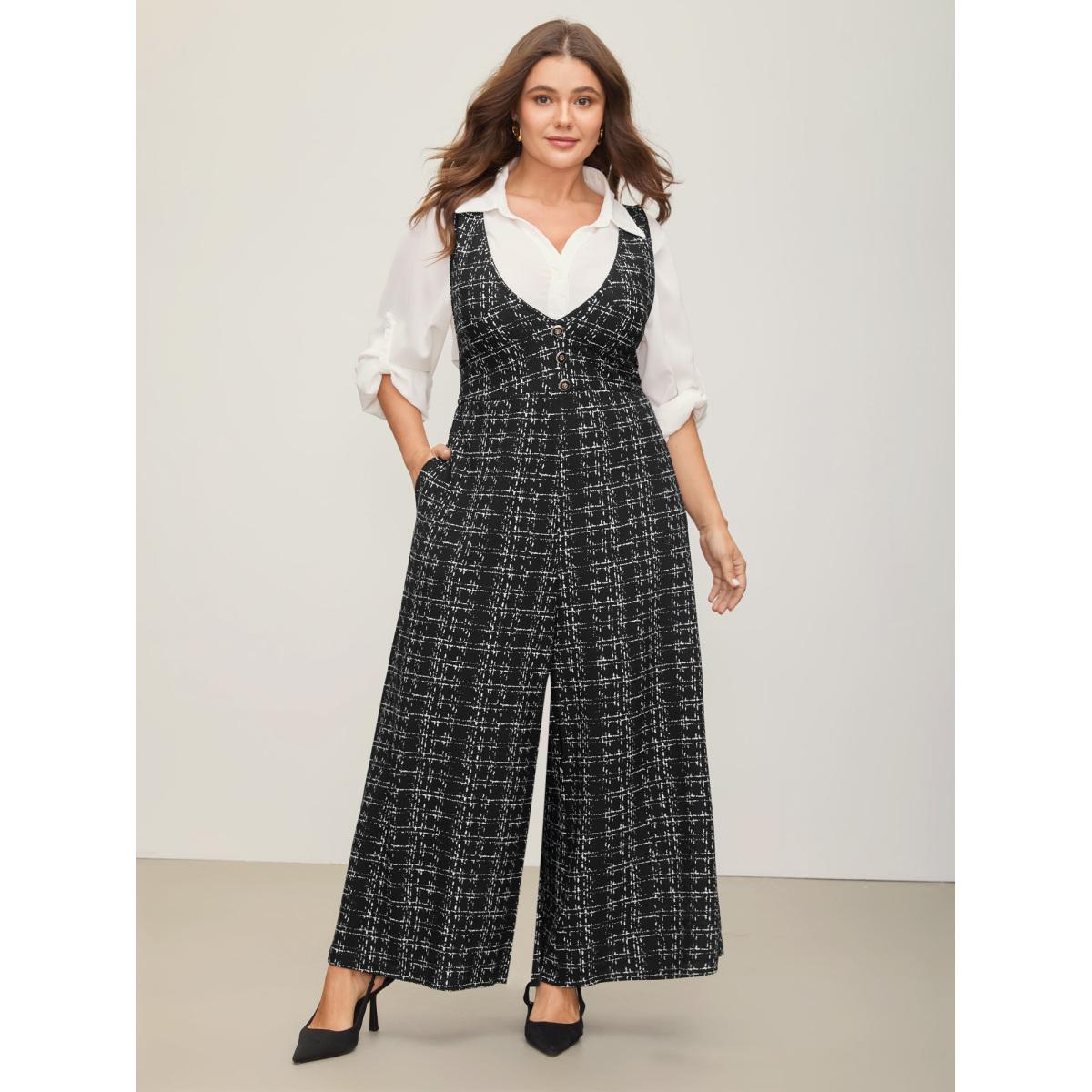 Plus Size Black Plaid Tweed Crisscross Back Button Detail Jumpsuit Women Work From Home Sleeveless Non Work Loose Jumpsuits BloomChic 30/6X Product Image