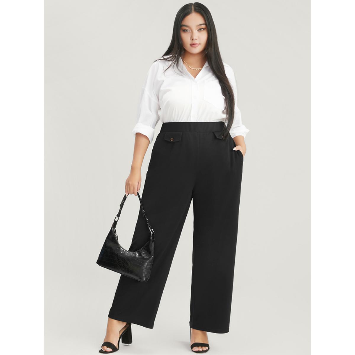 Plus Size Solid Button Detail Elastic Waist Pocket Pants Women Black Office High Rise Work Pants BloomChic 18-20/2X Product Image