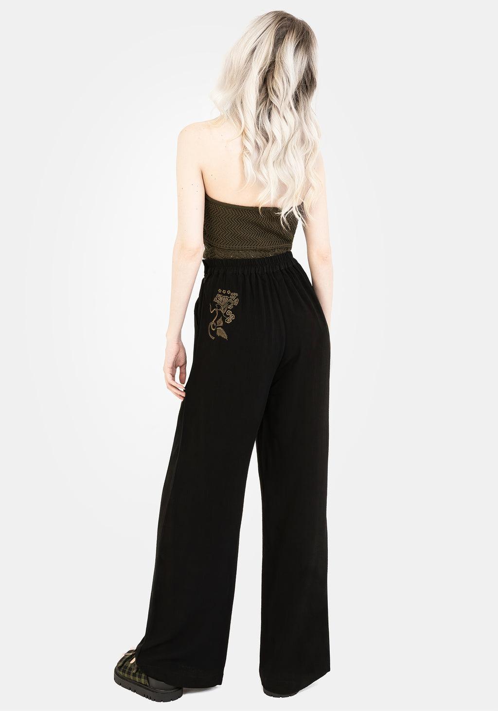 Foliate Linen-Blend Embroidered Wide Leg Trousers - Black Product Image