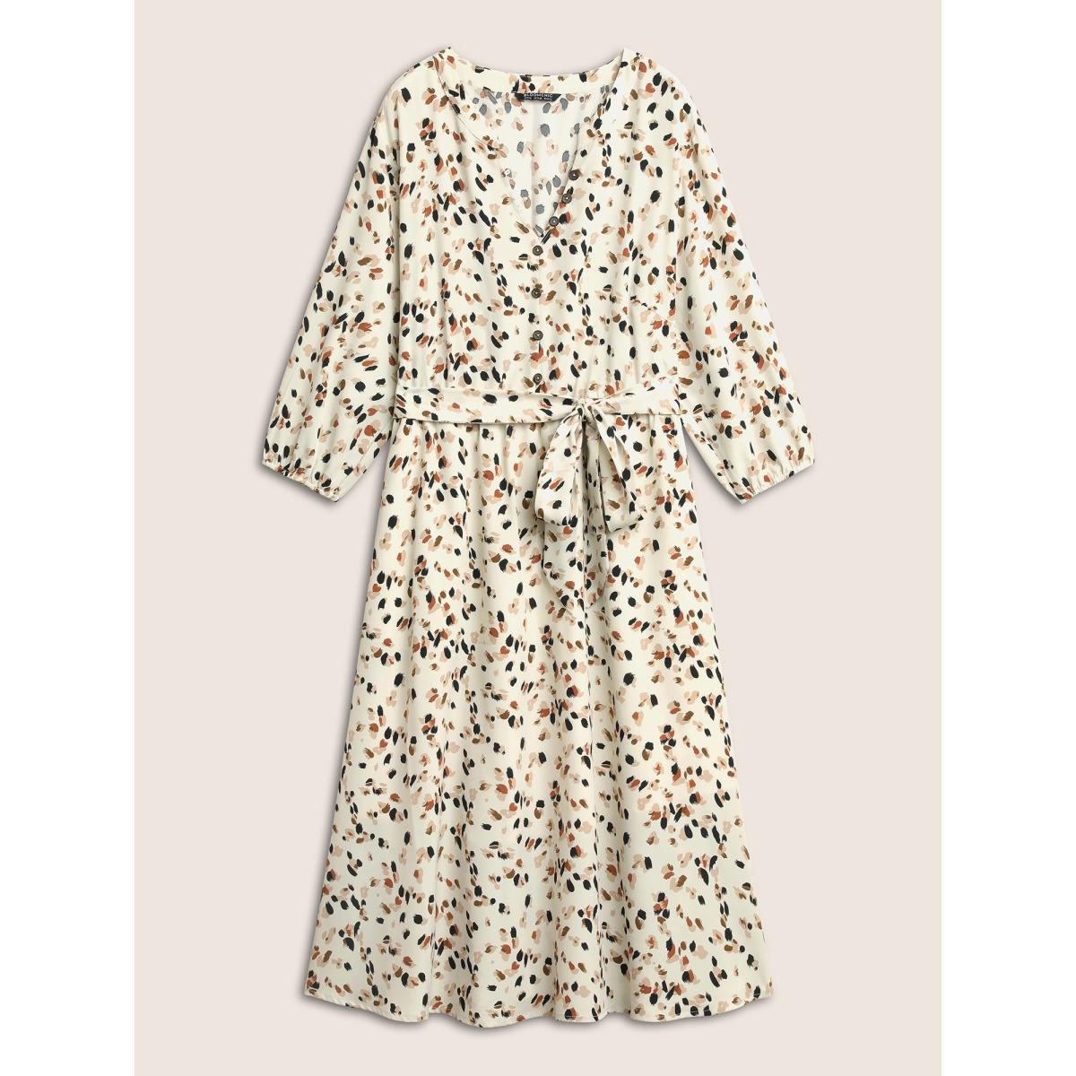 Plus Size Allover Print Notched Belted Button Detail Dress Apricot Women At the Office Non Notched collar Elbow-length sleeve Curvy Midi Dress BloomChic 18-20/2X Product Image