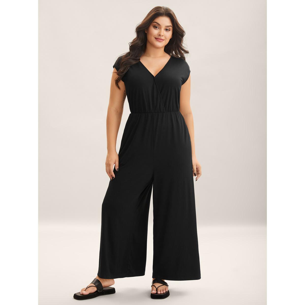 Plus Size Black Supersoft Butterfly Backless Stretchy Wide-Leg Jumpsuit Women Leisure Cap Sleeve V-neck Casual Loose Jumpsuits BloomChic 10/M Product Image