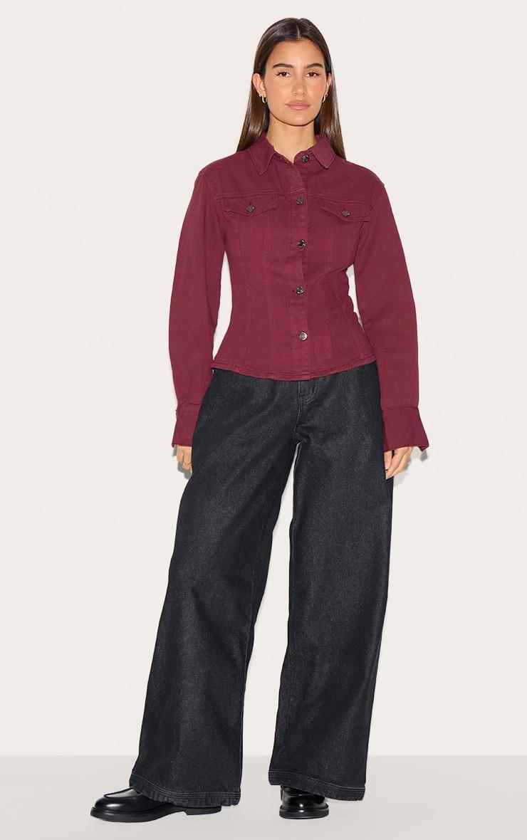 Burgundy Long Sleeve Cinch Waist Denim Jacket Product Image