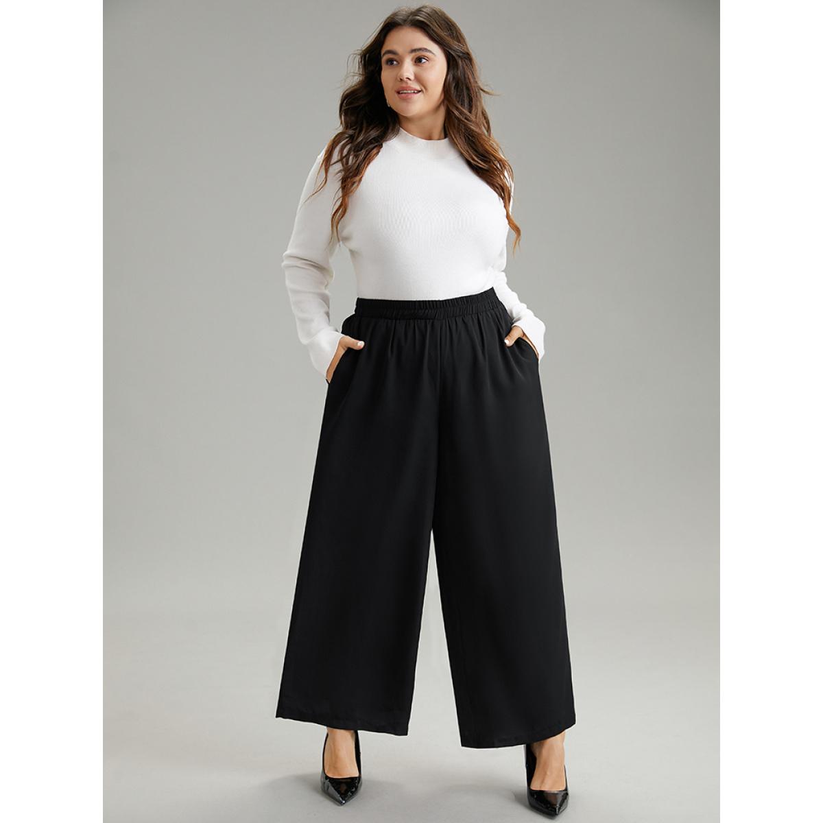 Plus Size Solid Chiffon Elastic Waist Wide Leg Pants Women Black Elegant Wide Leg High Rise Dailywear Pants BloomChic 10/M Product Image