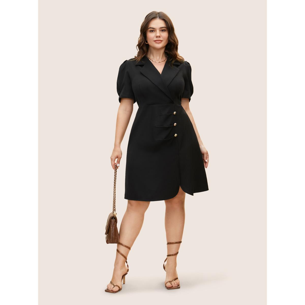 Plus Size Suit Collar Metal Detail Lantern Sleeve Dress Black Women Workwear Essentials Button Suit Collar Sleeveless Curvy BloomChic 30/6X Product Image
