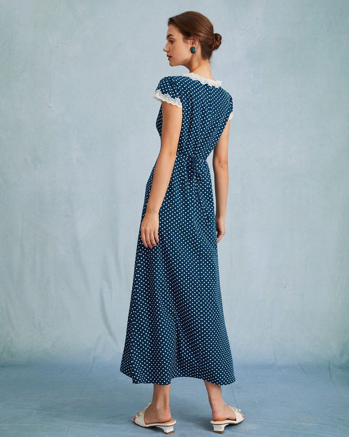 The Navy V Neck Polka Dot Lace Ruched Maxi Dress Product Image