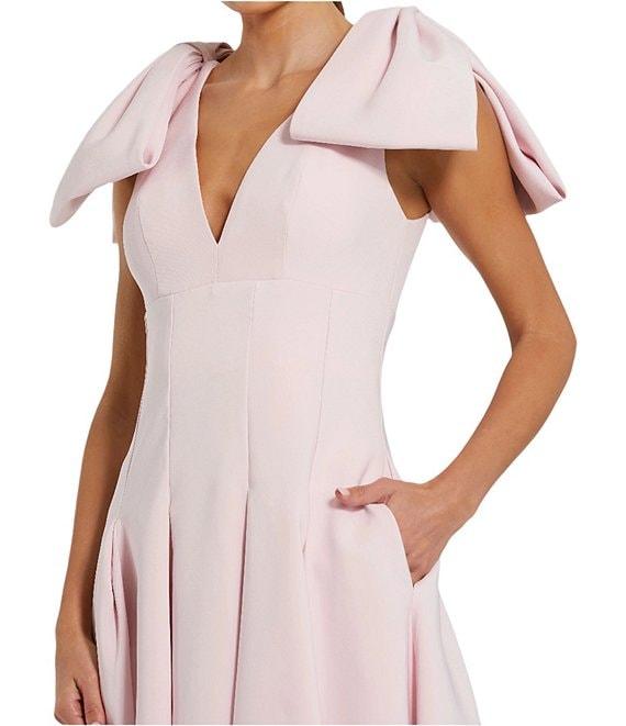Mac Duggal Double V-Neck Bow Shoulder Crepe Pleated A-Line Tea Length Dress Product Image