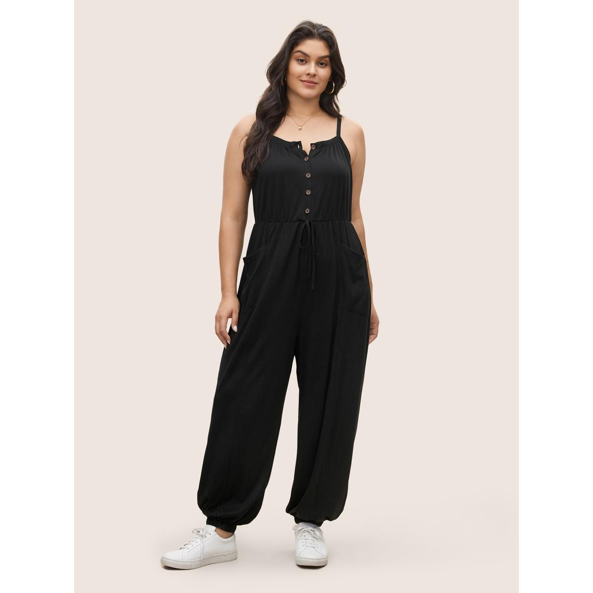 Plus Size Black Plain Ties Patched Pocket Cami Jumpsuit Women Casual Sleeveless Non Everyday Loose Jumpsuits BloomChic 22-24/3X Product Image