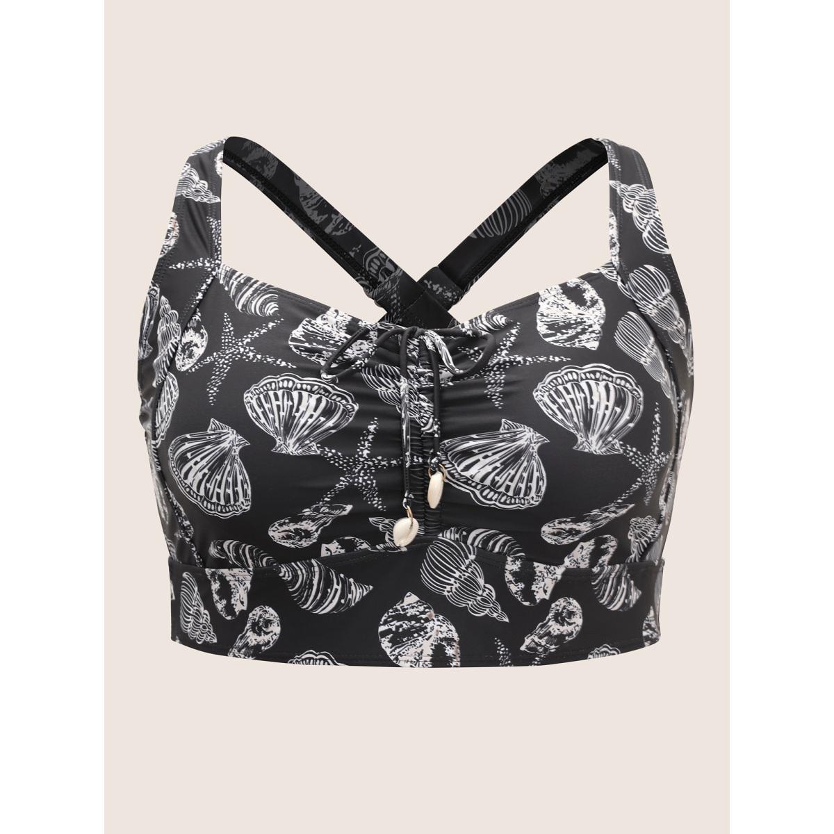 Plus Size Shell Print Drawstring Ruched Skinny Swim Top Women's Swimwear Black Beach Gathered High stretch Skinny Heart neckline Curve Swim Tops BloomChic 18-20/2X Product Image