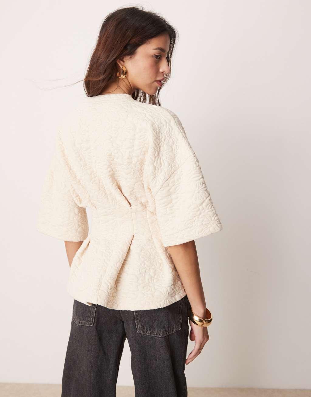 ASOS DESIGN short sleeve top in cream floral jacquard Product Image