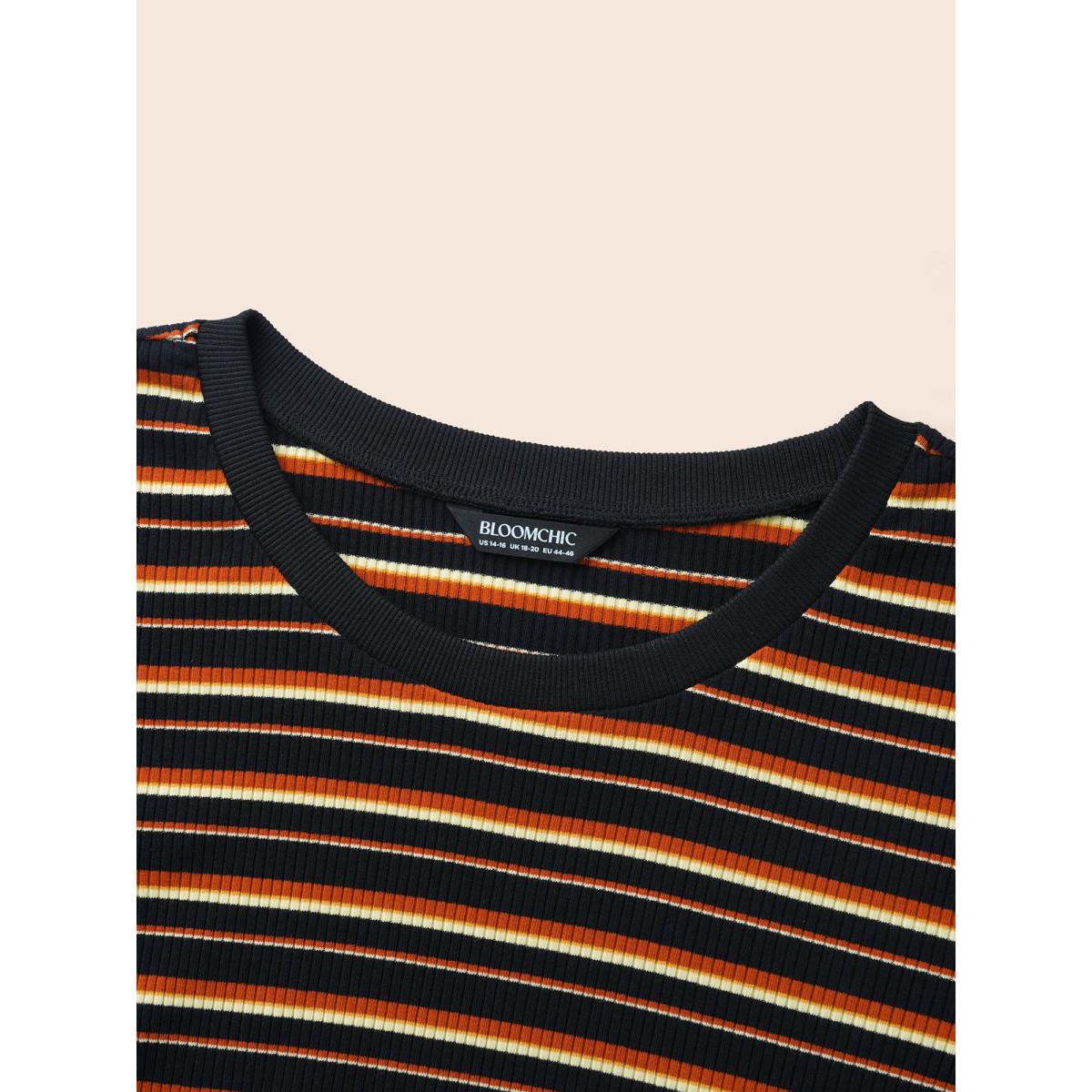 Plus Size Striped Knit Crew Neck T-shirt Black Women Casual Texture V-neck Bodycon Everyday T-shirts BloomChic 30/6X Product Image