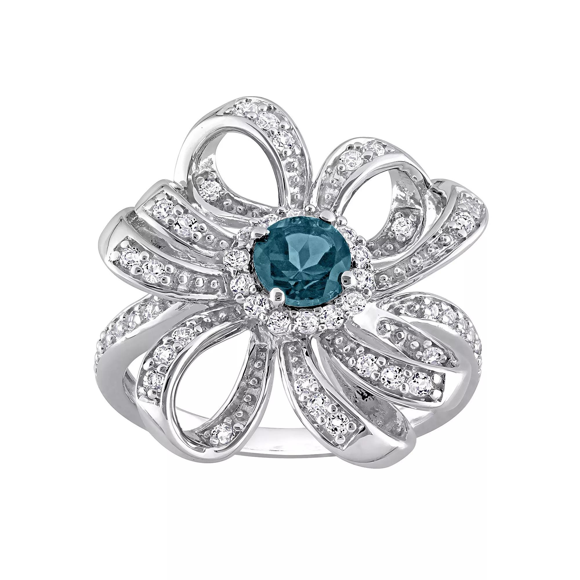 Stella Grace Sterling Silver London Blue Topaz & White Topaz Flower Cocktail Ring, Womens Product Image