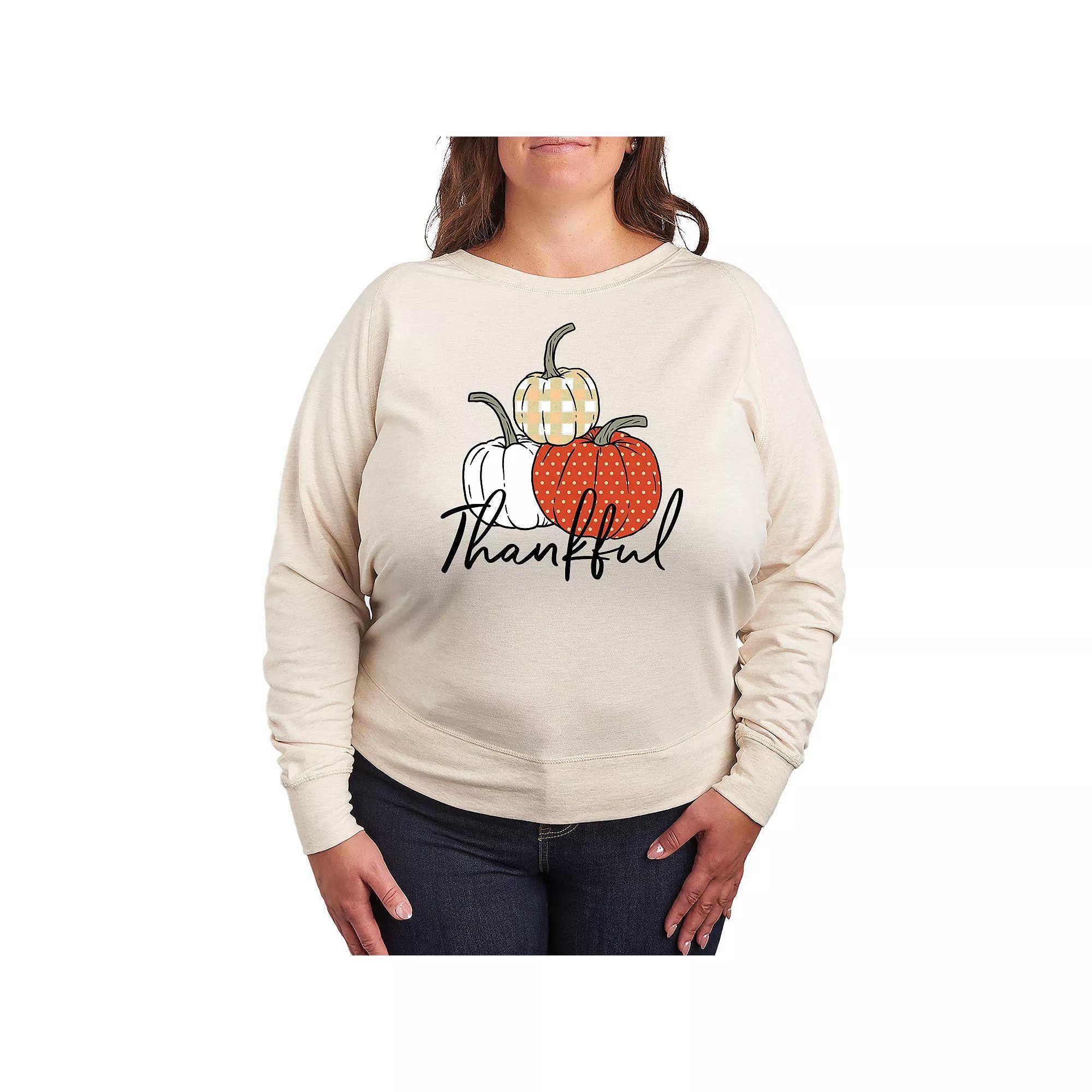 Plus Size Thankful Pumpkins French Terry Long Sleeve Tee, Womens Grey Green Product Image