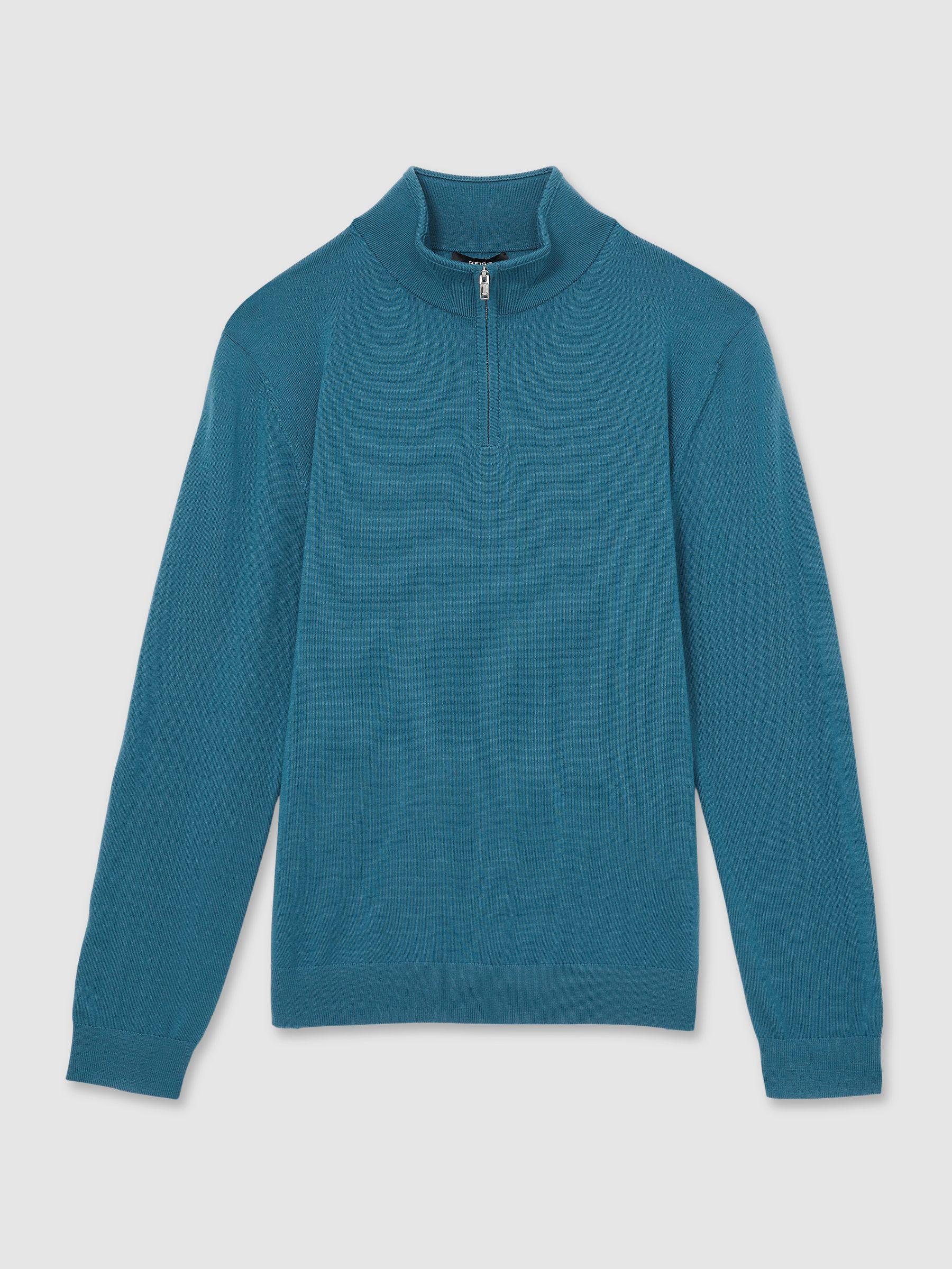 Merino Wool Half-Zip Funnel Neck Jumper in Deep Teal Blue Product Image