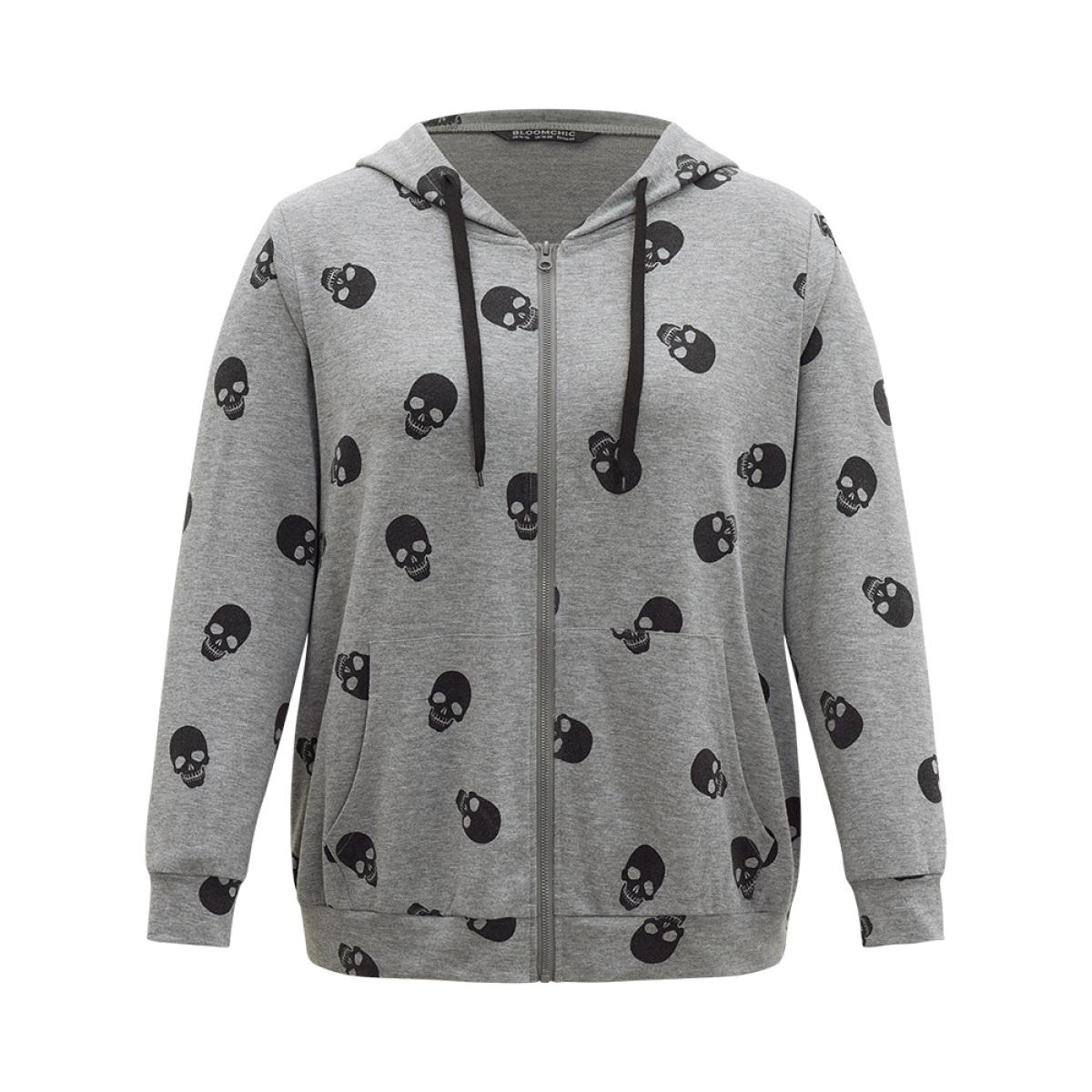 Plus Size Halloween Skull Print Pocket Zipper Hooded Sweatshirt Women Gray Casual Elastic cuffs Hooded Festival-Halloween Sweatshirts BloomChic 26/4X Product Image