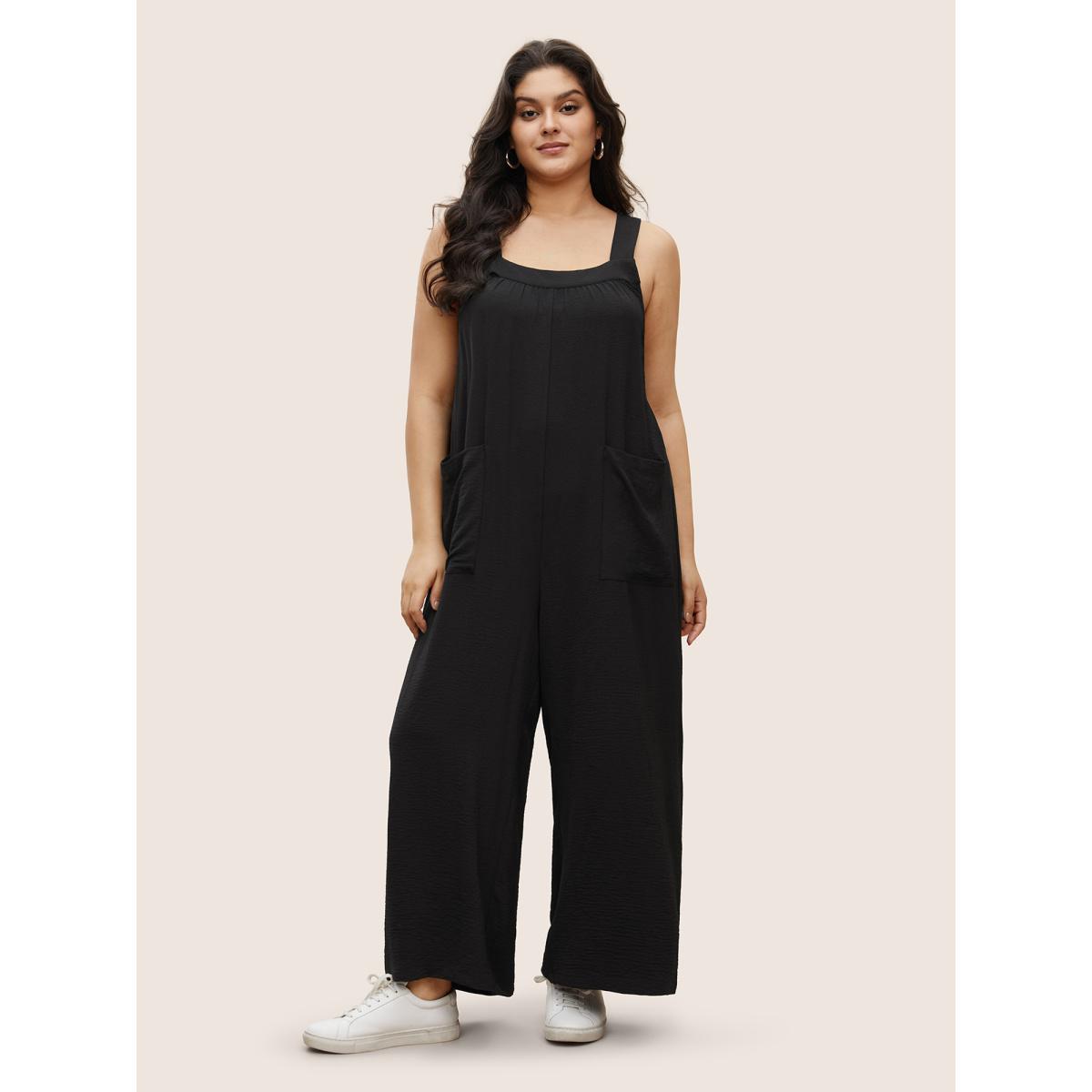 Plus Size Black Plain Pleated Wide Leg Jumpsuit Women Casual Sleeveless Square Neck Everyday Loose Jumpsuits BloomChic 18-20/2X Product Image