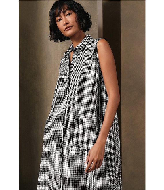 Eileen Fisher Puckered Organic Linen Point Collar Sleeveless Shirtdress Product Image