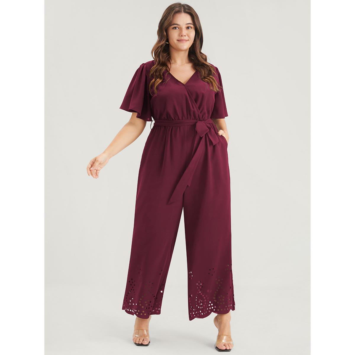 Plus Size Maroon Plain Scalloped Pocket Ruffles Button Belted Laser Cut Wrap Jumpsuit Women Elegant Short sleeve V-neck Dailywear Loose Jumpsuits BloomChic 30/6X Product Image