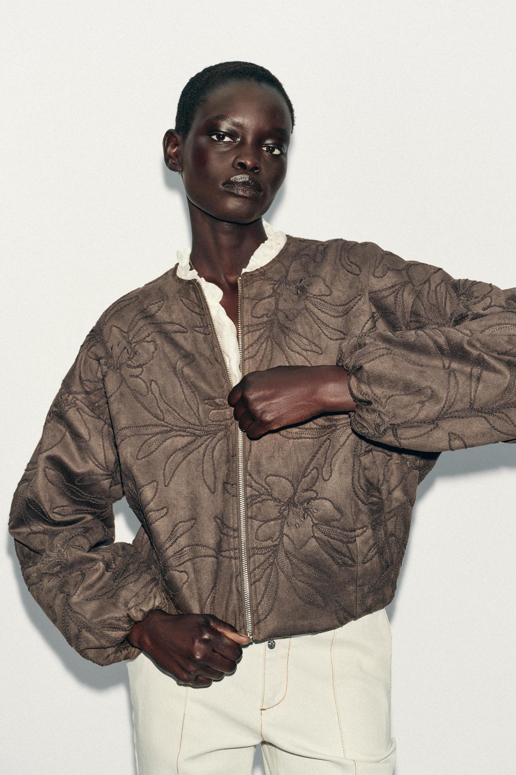 EMBROIDERED FAUX SUEDE BOMBER JACKET Product Image