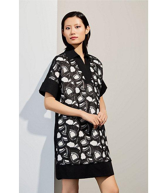 Ming Wang Mixed-Media Two-Toned Lace Point Collar V-Neck Short Sleeve Dress Product Image