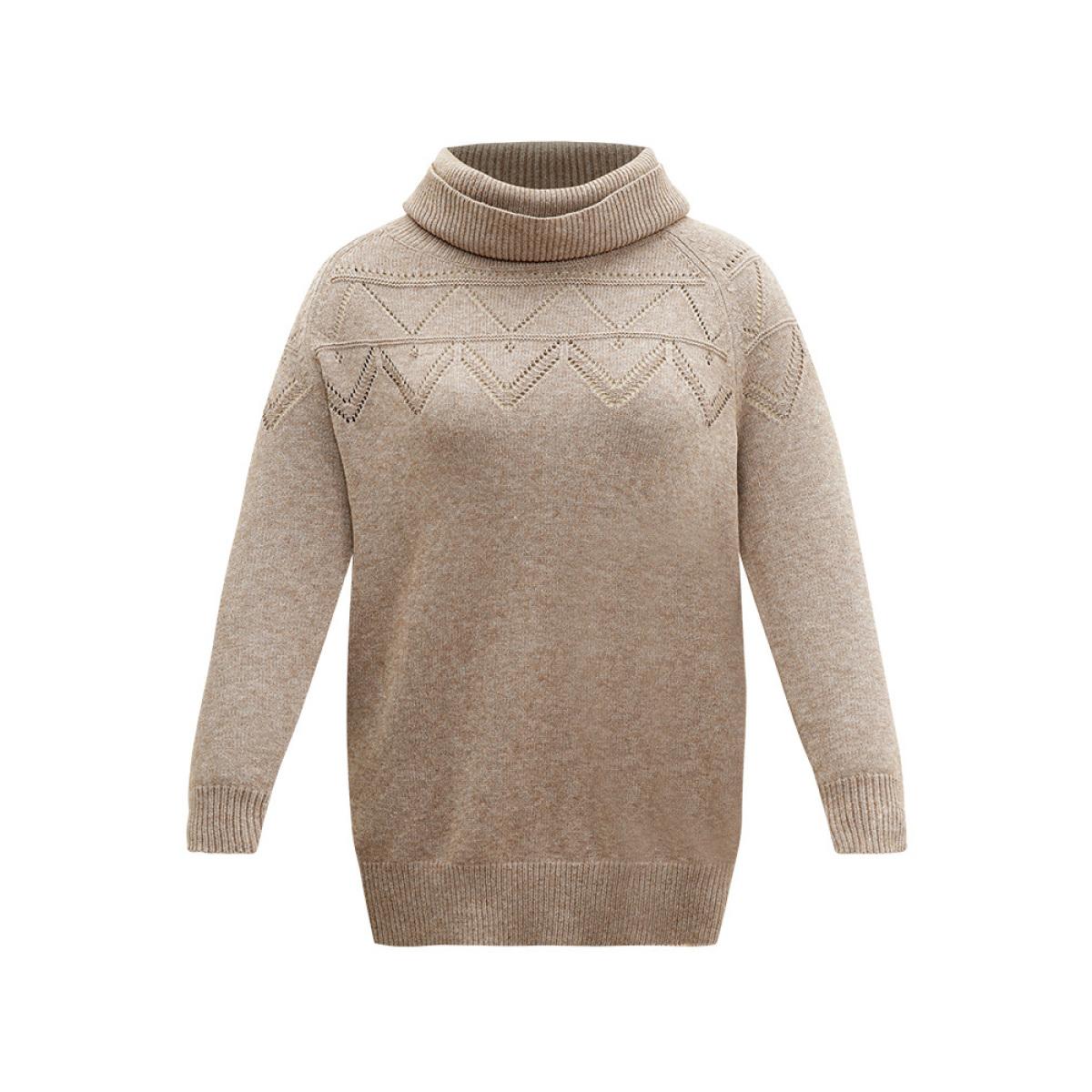 Plus Size Supersoft Essentials Anti-Pilling Turtle Neck Eyelet Pullover LightBrown Women Casual Loose Long Sleeve Turtleneck Dailywear Pullovers BloomChic 12/L Product Image