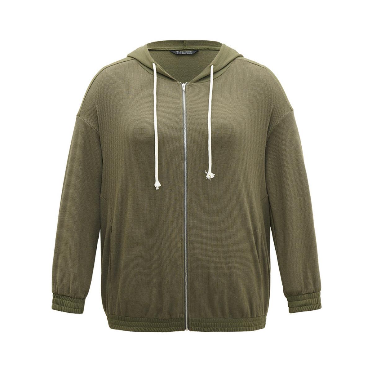 Plus Size Waffle Knit Hooded Drawstring Sweatshirt Women ArmyGreen Casual Plain Loose Hooded Dailywear Sweatshirts BloomChic 26/4X Product Image